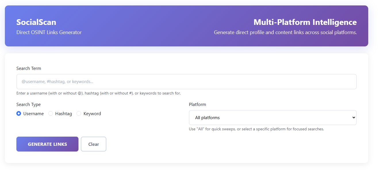 SocialScan interface
